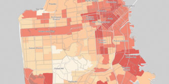 Street map of San Francisco with Census tracts colored shades of light orange to dark red