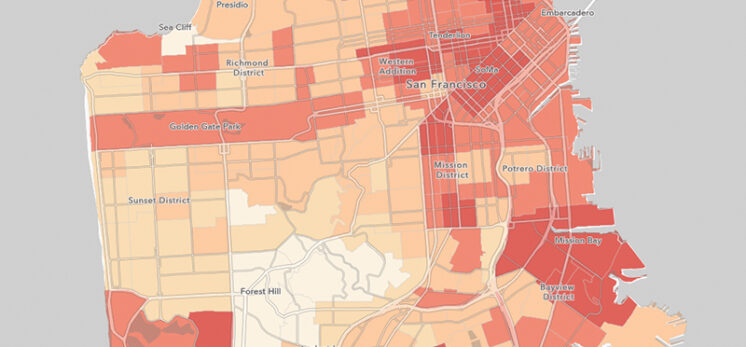Street map of San Francisco with Census tracts colored shades of light orange to dark red